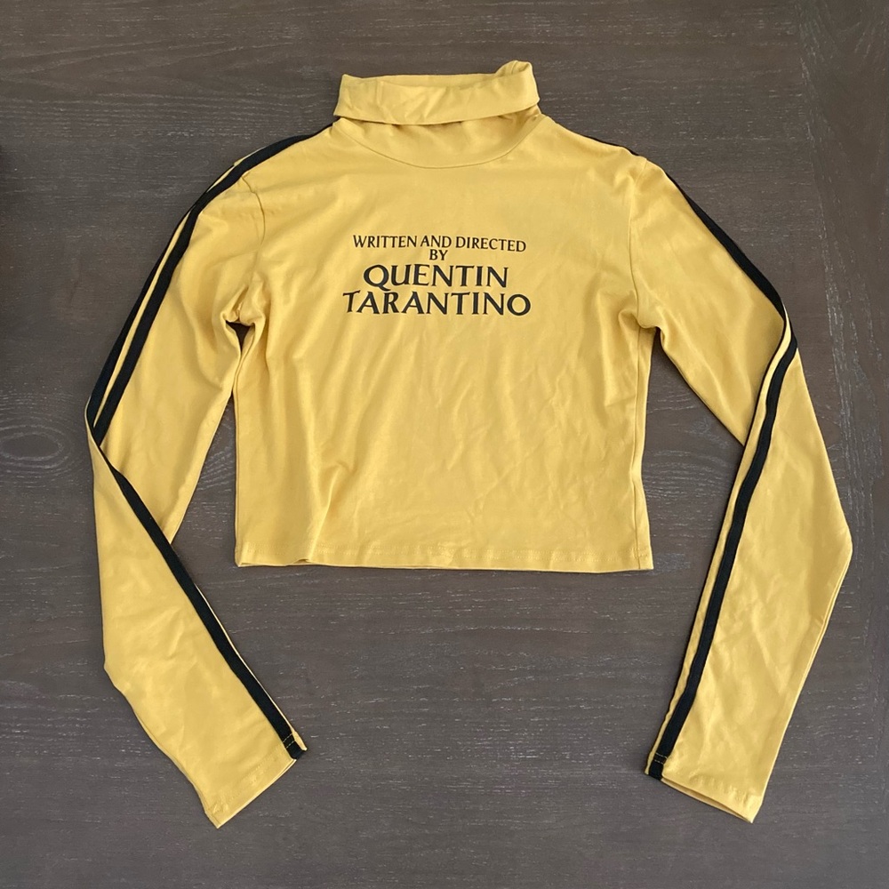 Yellow Long-Sleeve Crop Top with Black Stripe Detail